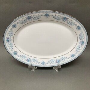 Noritake Blue Hill 2482 Oval Platter Plate Blue White Floral Platinum Trim 14"